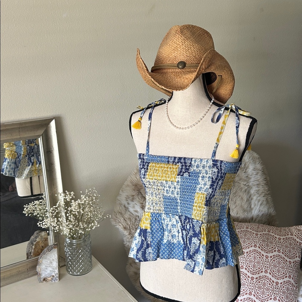 Natural life blue yellow boho floral patchwork smocked ruffle hem tops L XL​